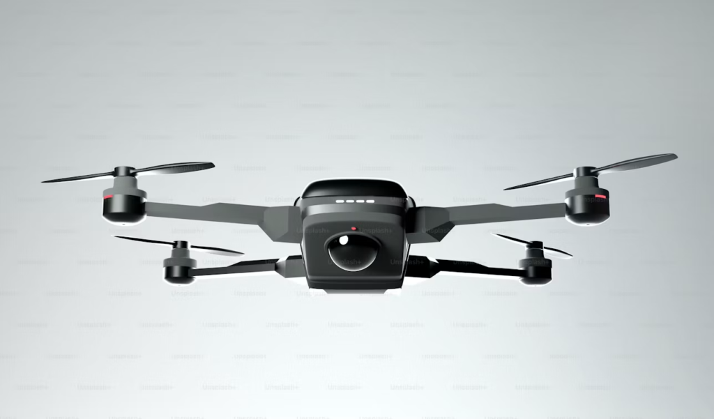 Drone with camera payload mounted for aerial imaging