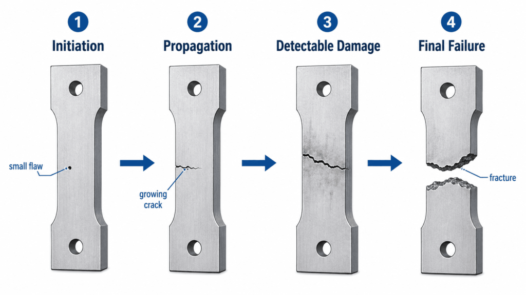 Fatigue analysis of a mechanical metal component with a fatigue crack