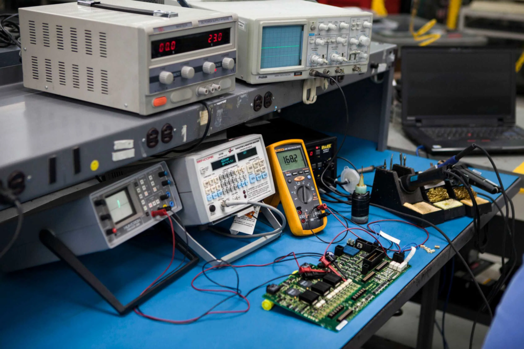 Electronics test bench with oscilloscope and multimeter used for Mach3 troubleshooting of a CNC control board