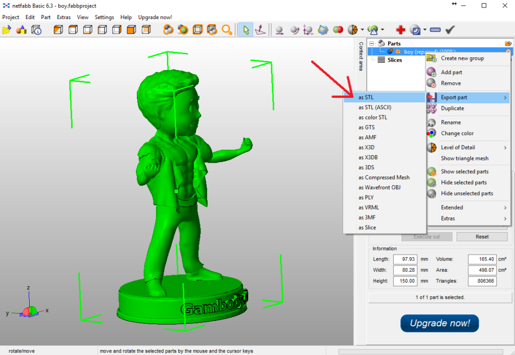3d cad model being exported to stl and step file formats