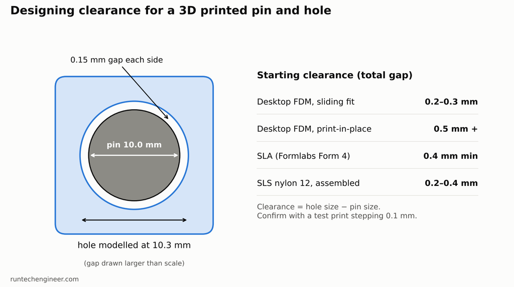 Diagram of a 10 mm pin in a 10.3 mm printed hole showing 0.3 mm clearance