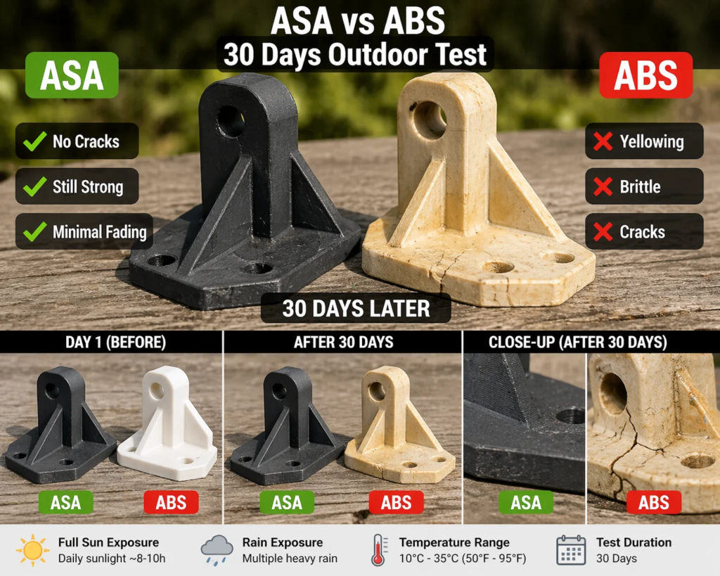 ASA and ABS 3D printed parts compared after outdoor exposure