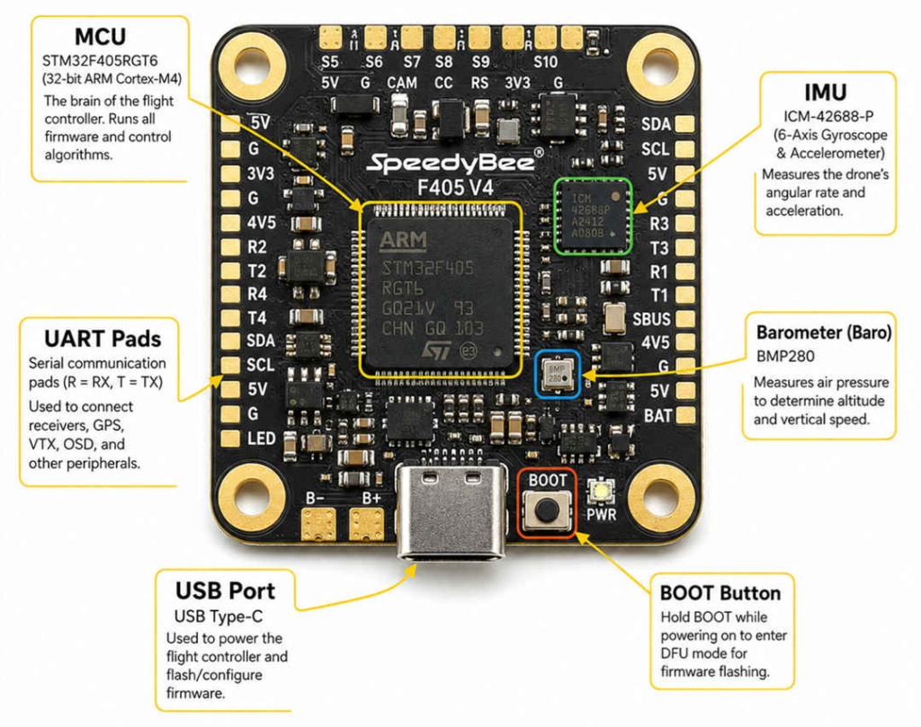 drone flight controller board mounted at the centre of a drone frame