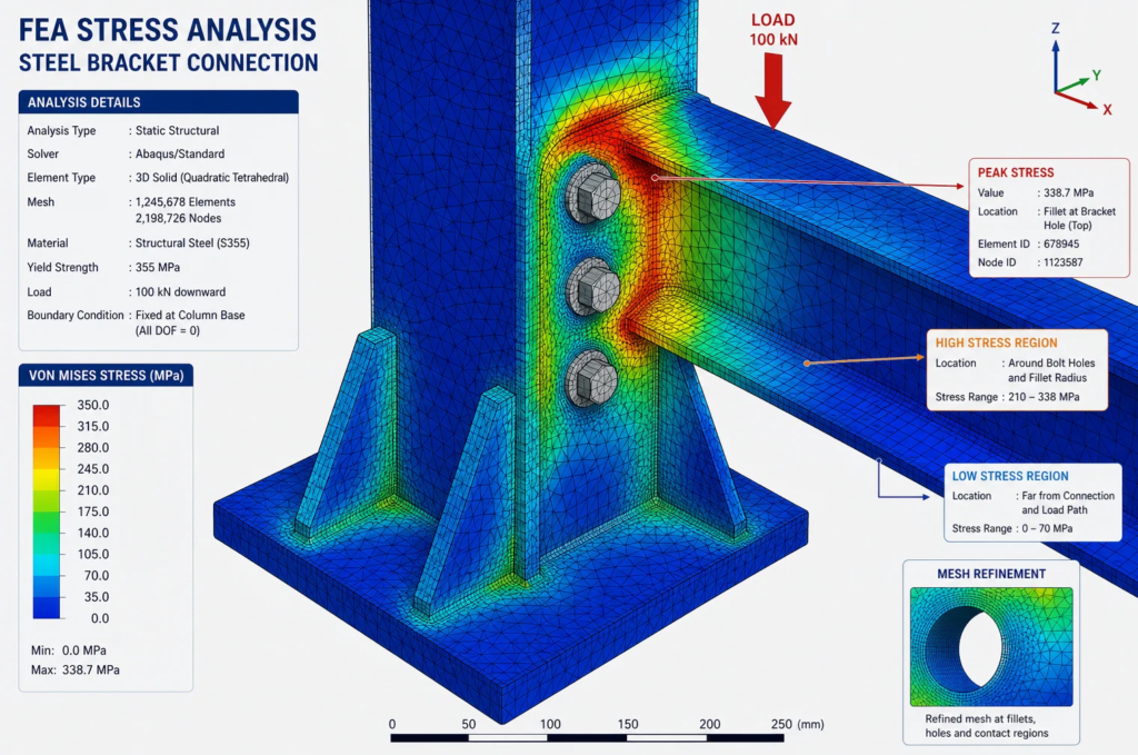 FEA stress plot of a steel bracket showing the highest stress at the fixed end