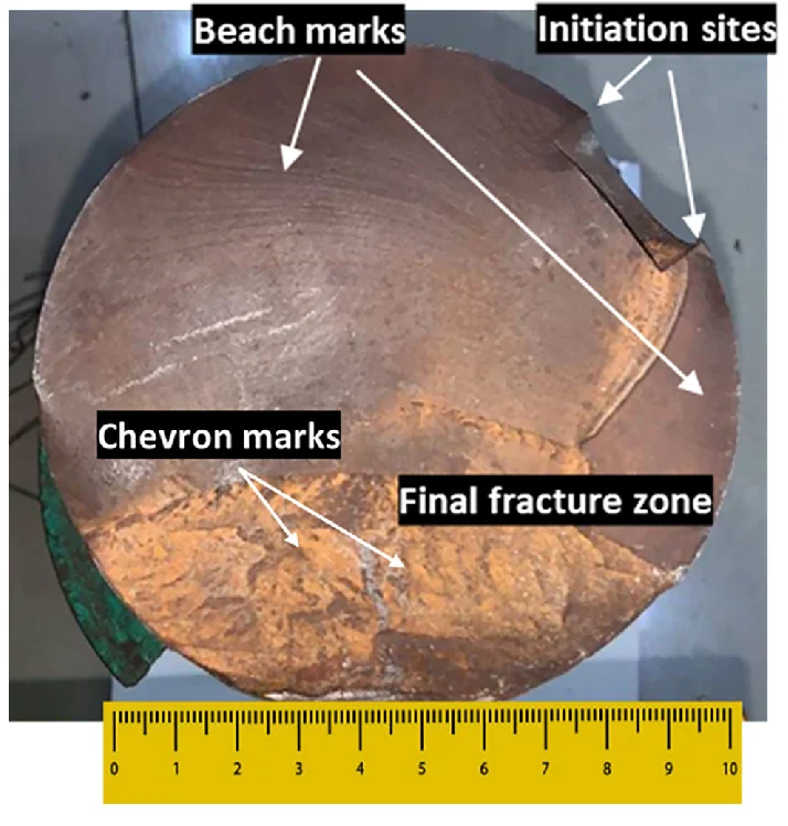 Fatigue fracture surface showing beach marks and the final fracture zone
