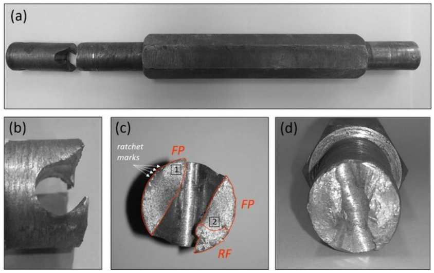 Fracture surface of a steel shaft after fatigue failure