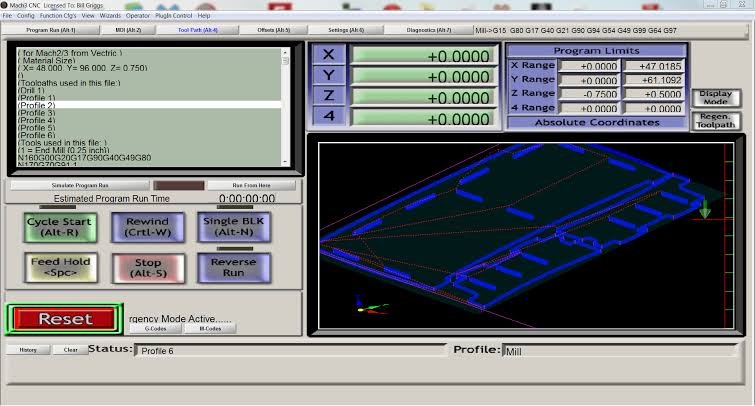 Mach3 CNC control software running on a computer
