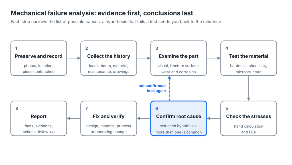 Mechanical failure analysis process in eight steps, from preserving the evidence to the report