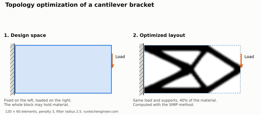 Topology optimization of a cantilever bracket showing the design space and the optimized truss-like layout